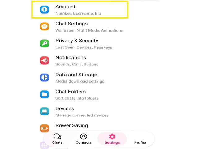 تنظیمات تلگرام و انتخاب گزینه account